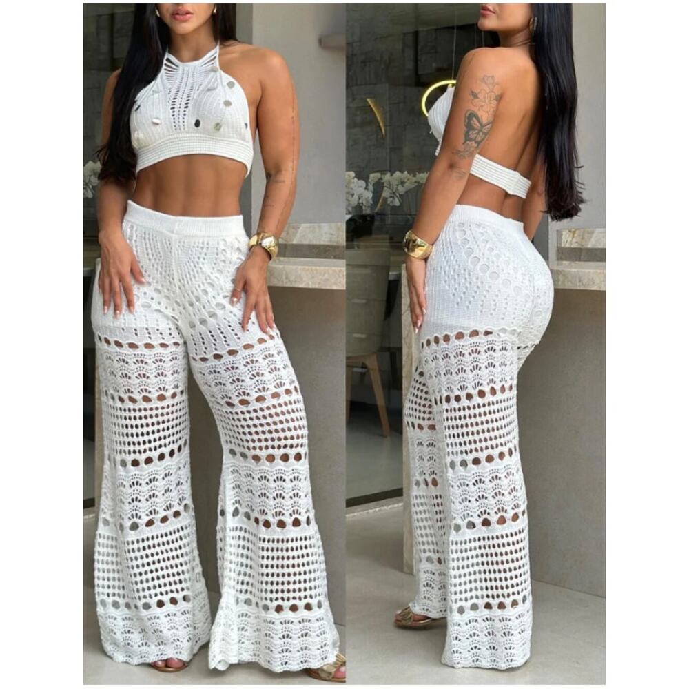 NWOT CHICME Sequin Knitted Halter Sleeveless Crop Top Pants set Sz XL